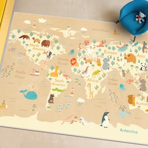 Hazo Haus Washable Kids Playroom Rug with Animal – 5x8 Educational World Map Area Rug with Kids Room – Non-Slip, Stain Resistant, Soft & Safe, Nursery, Classroom or Bedroom - Beige - Image 6
