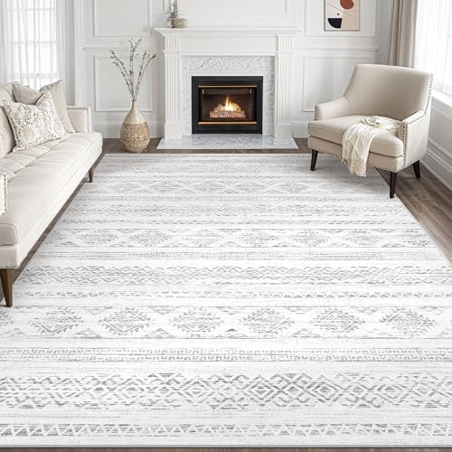 Tortania Area Rug Living Room Rugs - 10x14 Washable Large Soft Neutral Boho Moroccan Bohemian Farmhouse Rug Indoor Floor Carpet for Bedroom Under Dining Table Home Office Decor - Ivory Gray by Tortania