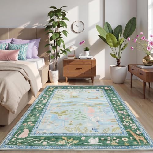 8x10 Washable Rug for Living Room Blue Animal Print Large Bedroom Rugs Non Slip Forest Nursery Girls Room Throw Carpet Stain Resistant Whimsical Safari Area Rugs for Home Office, Teal/Blue - Image 3
