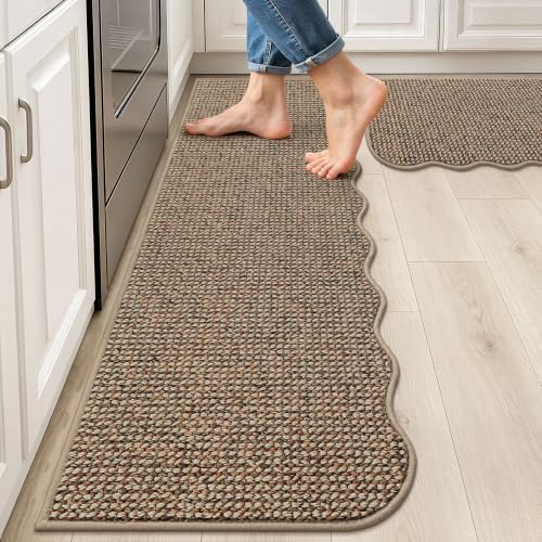 BEQHAUSE Kitchen Rugs Set of 2 Scalloped Edge, 17x30+17x60 in, Taupe by BEQHAUSE