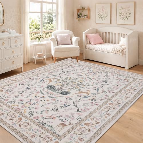RCTJHOME 8x10 Beige Floral Nursery Kids Washable Area Rug Non-Slip Carpet by RCTJHOME