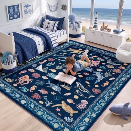 Arenarug 5x7 Washable Living Room Area Rug, Coastal Ocean Rug, Deep Navy - Image 3