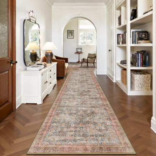 2x10 Hallway Runner Rug, Washable Vintage Retro Long Runner Rugs for Kitchen Laundry, Soft Ultra Thin Non Slip Low Pile Traditional Distressed Boho Carpet for Bedroom Bathroom, Rust Clay - Image 5