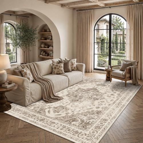 7x10 Washable Living Room Area Rug Soft Medallion Taupe Large Carpet - Image 4