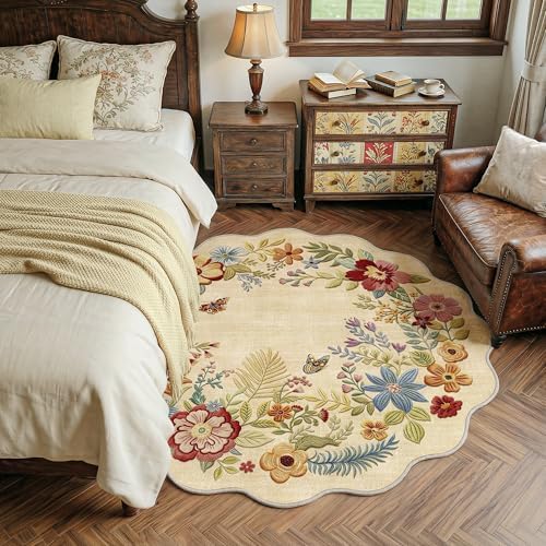 FMFUNCTEX 3ft Round Washable Beige Floral Scalloped Area Rug for Entryway - Image 2
