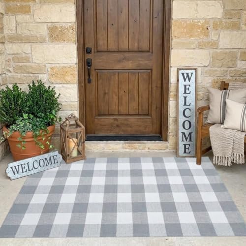 MUBIN Cotton Buffalo Plaid Rug, 3' x 5' Gray White Outdoor Rug Front Door Decorative Mat, Washable Doormat Hand-Woven Foldable Area Rug Layered Door Mats Rug for Front Porch, Entryway, Patio by MUBIN
