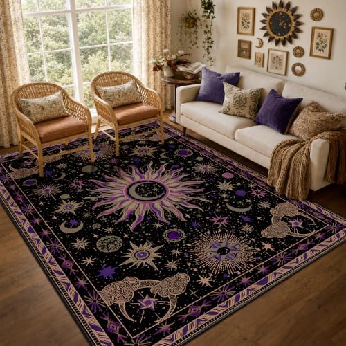 Vacuum-Friendly, 7x9 Washable Area Rug, Black Purple Beige by meejou