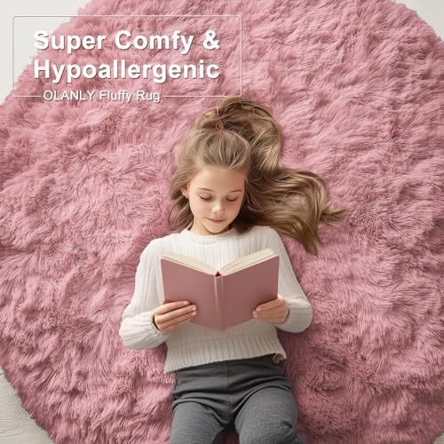 OLANLY Pale Pink Round Rugs for Bedroom - Machine Washable, 6 ft Circle Area Rugs for Living Room, Soft and Fluffy Shaggy Carpet for Teen Girls and Boys, Nursery Rooms, Dorms, Home Decor Aesthetic - Image 6
