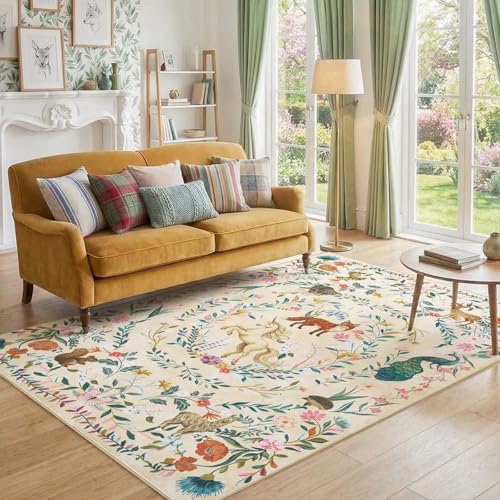 jinchan 5x7 Kids Rug Washable Unicorn Nursery Rug Cute Girls Bedroom, Cream - Image 5