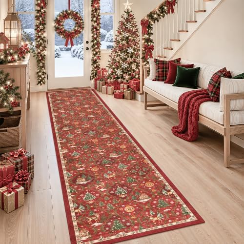 Christmas 2x10 Runner Rugs for Hallway, Red Non Slip Washable Kitchen Rug by Soalmost