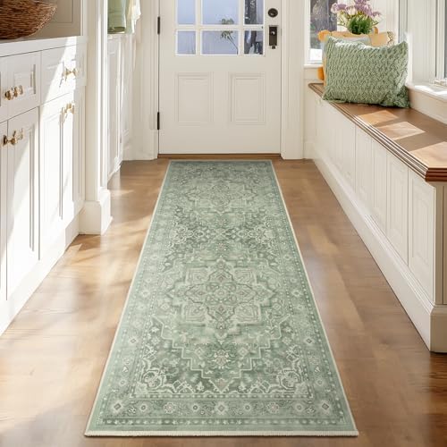 Sage Green 2x6 Runners for Kichen Floor Washable Non Skid, Soft Green Medallion Hallway Runner Rug for Entryway Foyer Mudroom, Cottagecore Carpet Runners 6ft for Bedside Bathroom Laundry Room by Jainmy