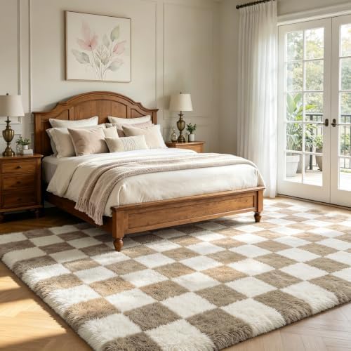 Checkered Area Rugs for Living Room 6x9, Fluffy Beige and White Checkered Rug Fuzzy Shag Shaggy Carpets for Bedroom, Soft Plush Furry Rug for Teen Room Dorm Home Decor - Image 3