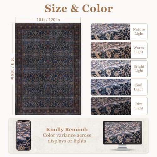 Washable Area Rug 10'x14' Living Room, Vintage Old Money, Dark Blue - Image 2