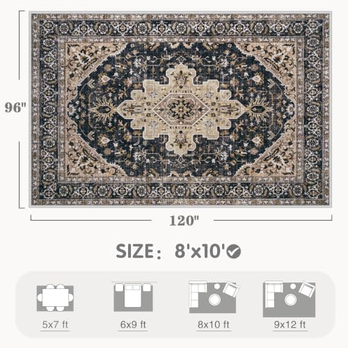 Area Rug 8x10 Vintage Rugs: Large Washable Living Room Rug Retro Medallion Distressed Soft Low Pile Non-Slip Indoor Floor Carpet for Bedroom Kitchen Nursery Dining Office (BeigeBlack, 8'x10') - Image 2