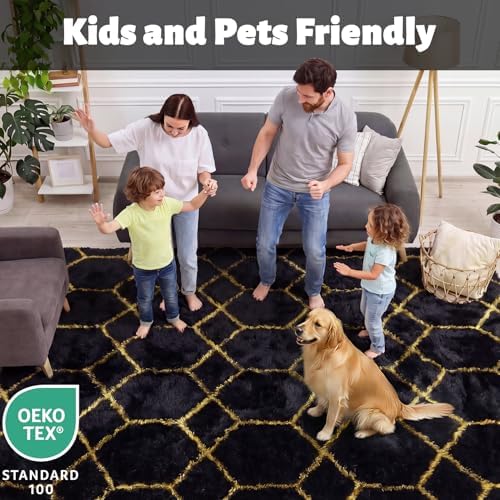 Area Rugs for Bedroom Living Room, 4x6 Fluffy Black and Gold Geometric Rug - Image 4