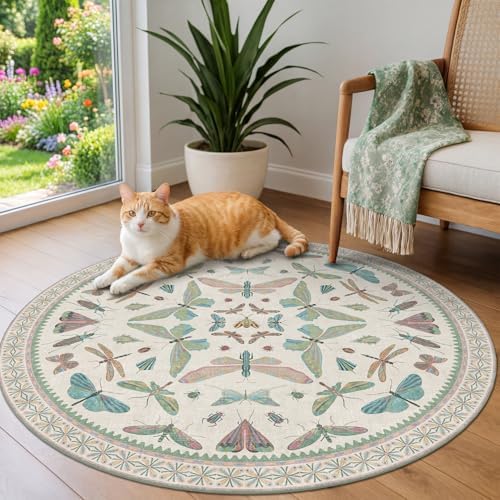 Cream Round Rugs 4ft for Living Room - Soft Washable Small Circle Throw Rugs for Kids Bedroom, Baby Nursery, Playroom, Reading Corner, Insect Stain Resistant Floor Carpet, Beige Green by HazoHaus
