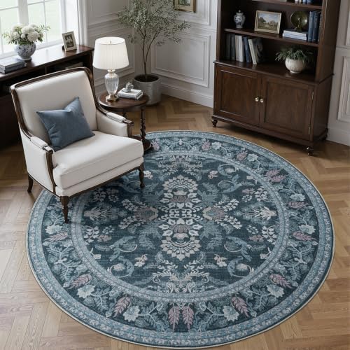 DCX Washable Blue 4x4 Round Rug Botanical Floral Rug by DCXWashableRug