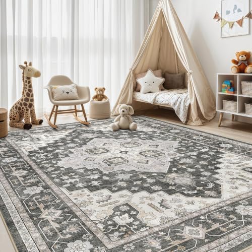 Area Rugs 9x12 Living Room: Washable Vintage Gray Taupe Rug - Image 3