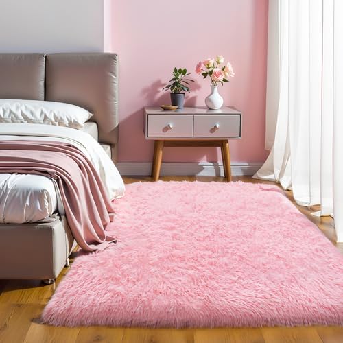 KICHOWUA 4x6 Thick Pink Fluffy Shag Plush Washable Rug for Girls Bedroom by KICHOWUA