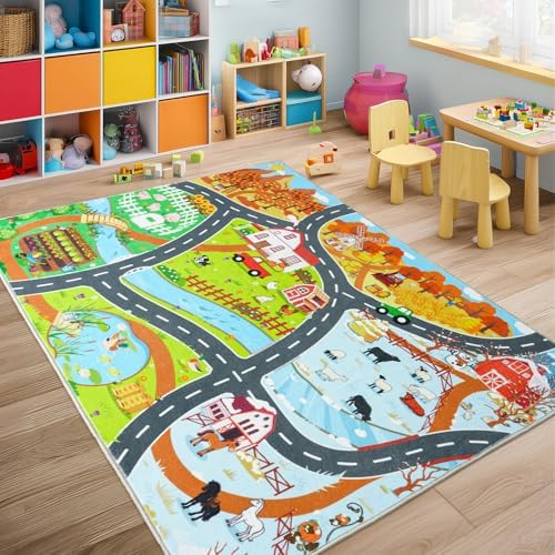 Car Rug Play Mat for Kids Toy Cars, 4x5 Town Country Barn Track Road Rug by Awaytail