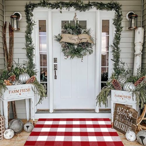Christmas Plaid Outdoor Rug, 2'4" x 3'7" Red&White Check Indoor/Outdoor Area Rug, Layering Rug for Hello/Welcome Door Mat, Machine Washable Cotton Woven Rug for Farmhouse Front Porch,Entryway by BOTTA