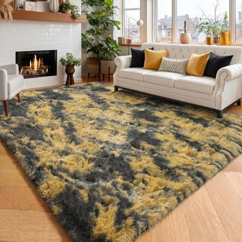 Amdrebio Black Gold Grey Fluffy Area Rug 5x7 for Bedroom Living Room Dorm by Amdrebio