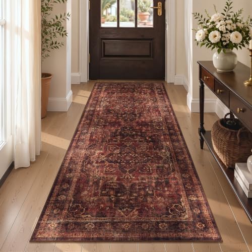 Washable Hallway Runner Rug 3'x7', Vintage Medallion, Dark Red by Jainmy