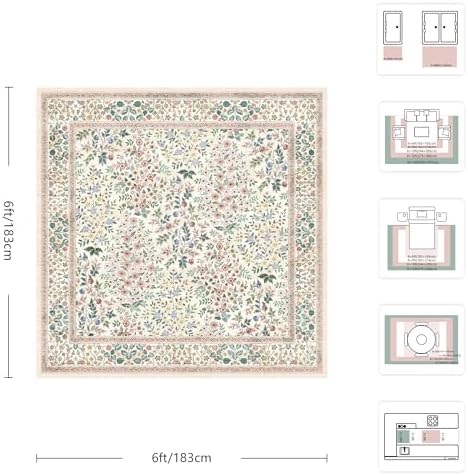 6x6 Square Area Rugs, Machine Washable Low Pile Floral Rugs for Living Room, Bedroom, Large Boho Area Rug with Non-Slip Backing for Dining Room(Pink Floral) - Image 2