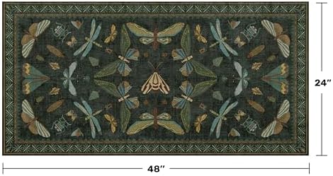Washable 2x4 Rug Runner, Small Runners for Entryway Indoor, Kitchen, Bathroom, Dark Green Insect Boho Design, Non Slip Stain Resistant - Image 2
