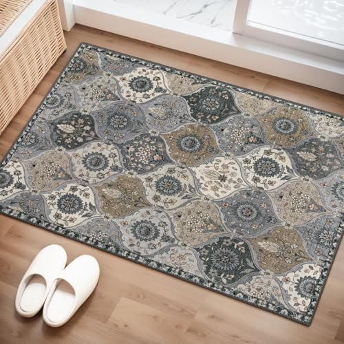 Lahome Moroccan Area Rug, 2x3 Entryway Rug Washable Grey Indoor Door Mat by Lahome