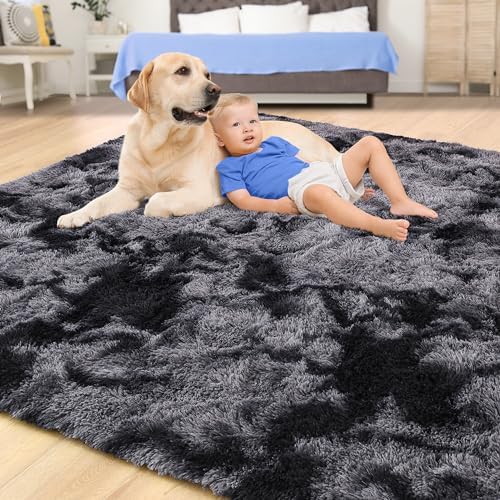 Tepook Fluffy Large Rugs for Living Room, Area Rug 6x9 Carpet for Bedroom, Modern Shaggy Rug for Kids Boys Girls, Plush Indoor Nursery Home Decor Rug with Non-Slip Bottom, Tie-dye Dark Grey - Image 4