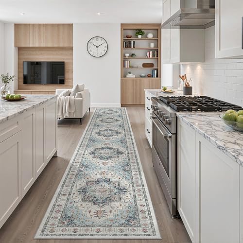 Madane Hallway Runner Rug 2'6''x14' Kitchen Runners Vintage, Blue - Image 4