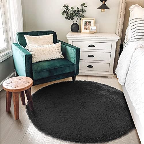 Amdrebio Black Plush Small Round Rug 3Ft for Bedroom Classroom Kids Corner - Image 3