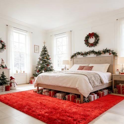 Red Shag Area Rugs for Bedroom Living Room,Ultra Soft Fluffy Christmas Area Rugs 5X8 for Dorm,Indoor Carpet Plush Rugs for Living Room Home Decor - Image 2