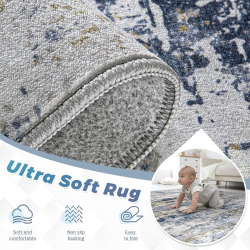 pmtsns Area Rugs 10x12 Living Room: Washable Rug Modern Abstract Neutral Soft Non-Slip Low-Pile Indoor Large Carpet for Bedroom Dining Room Playroom Home Office (Blue Grey Brown, 10'x12') - Image 4