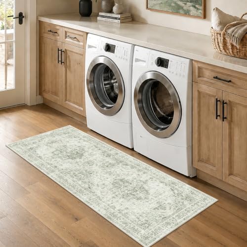 2x5 Washable Kitchen Runner Rug Non-Slip Medallion Green Throw Carpet - Image 3