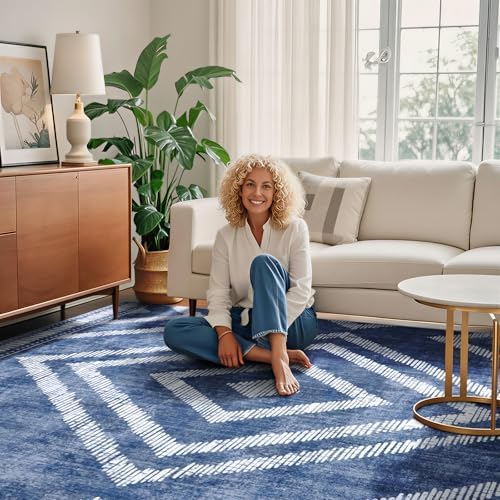 Boho Washable Rugs 5x7ft for Living Room, Low Pile Blue Bedroom Area Rug Non Slip, Moroccan Soft Kids Nursery Area Carpets for Dining Room Playroom Kitchen Home Office Decor - Image 5