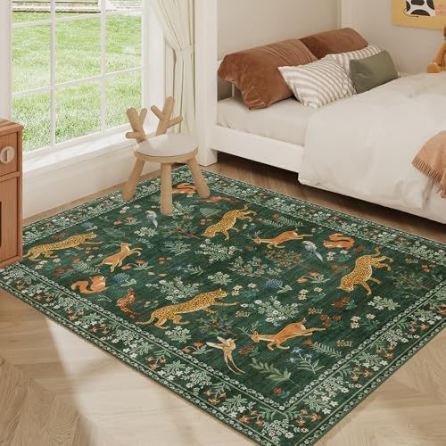 5x7 Green Animal Washable Area Rug for Living Room, Vintage Print - Image 5