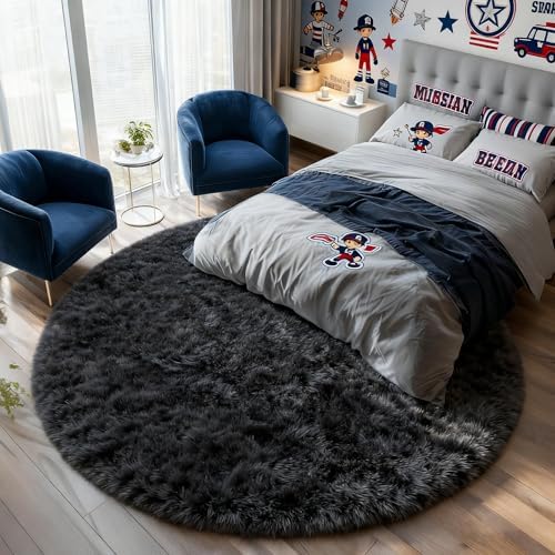 PAGISOFE Soft Black Round Rugs 8Ft Plush Shag Fuzzy Large Circle Area Rugs for Livingroom Bedroom Dorm Fluffy Shaggy Circular Rug for Kids Room,Non-Slip Home Decor Black Carpet for Teen's Room Decor - Image 2