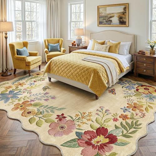 FMFUNCTEX 7x10 Washable Beige Floral Scalloped Area Rug for Living Room - Image 3
