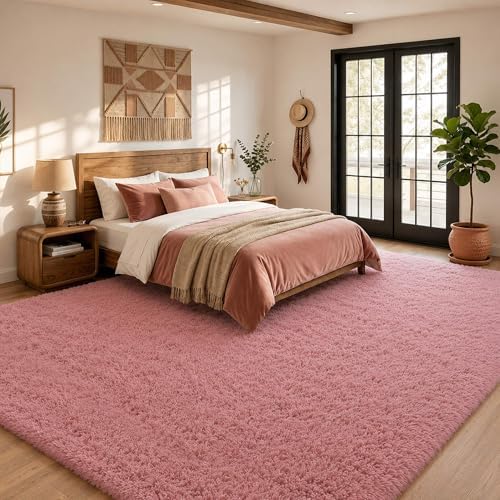 8x10 Ft Blush Pink Fluffy Area Rug for Living Room, Washable by OHWPEAT