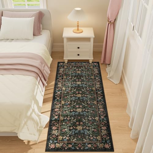 DUKINO 2x5 Rug Runner, Washable Vintage Floral Bathroom Rugs, Black - Image 5