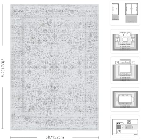 5x7 Area Rugs, Washable Vintage Retro Floral Rug for Living Room, Low Pile Non Slip Distressed Large Carpet for Bedroom, Dining Room, Office, Home (Grey) - Image 2