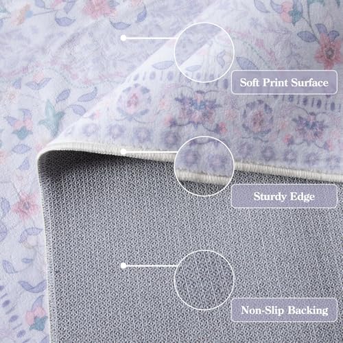 Wonnitar Floral Purple Rug for Nursery, Washable 5x7 Kids Rug, Boho Ultra-Thin Soft Non Slip Vintage Carpet for Bedroom Dorm Living Room Playroom Office, Pale Purple - Image 6