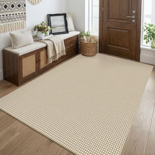 KOZYFLY Washable 4x5 Entry Woven Area Rug, Braided Throw Rugs for Entryway, Non Slip Door Mat Indoor Entrance, Flatweave Carpet for Foyer, Bedroom, Dining, Office, Oatmeal Beige by KOZYFLY