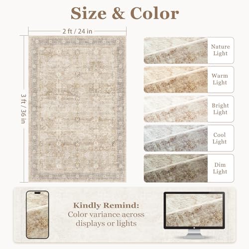 Beige Entryway Rug Indoor, 2x3 Small Door Rugs for Entry Way/Kitchen/Bathroom, Washable Non Slip Low Pile Thin Door Mat Indoor Entrance, Vintage Neutral Earth Tone Rug with Decorative Fringe - Image 2