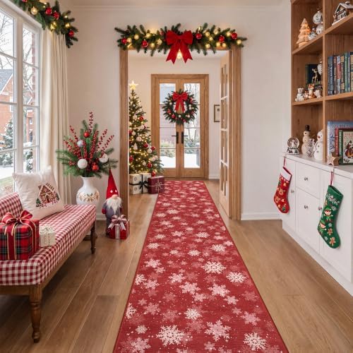 2x10 Runner Rugs for Living Room, Long Washable Christmas Hallway Rugs, Non-Slip Snowflake Bathroom Rug Runner, Soft Red and White Christmas Decor Indoor(2'x10', Red/White) by Restydon