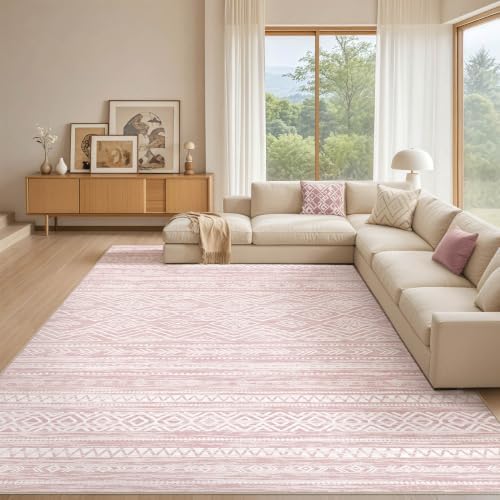 Tortania Area Rug Living Room Rugs- 12x18 Washable Large Soft Neutral Boho Moroccan Bohemian Farmhouse Rug Indoor Floor Carpet for Bedroom Under Dining Table Home Office Decor - Pink by Tortania