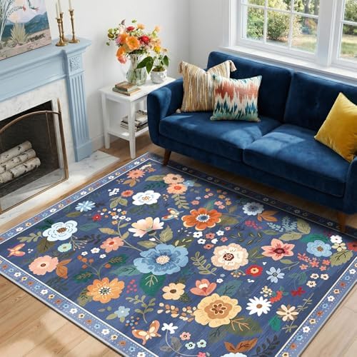 RELEANY Floral Washable 4x6 Area Rugs Blue/Grey by RELEANY
