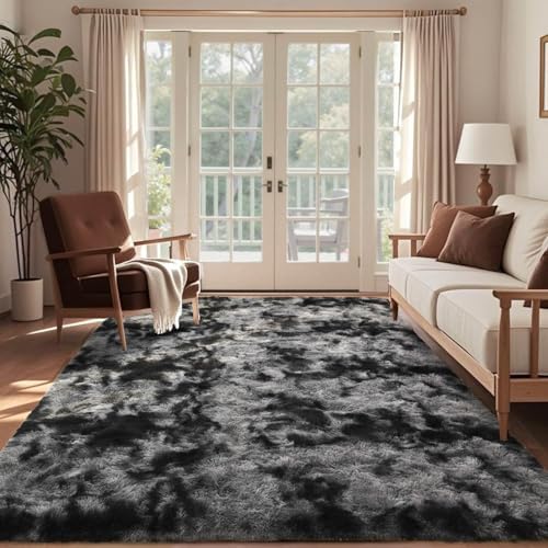 5x7 Ft Large Shag Rugs for Bedroom Living Room Decor for Men Boys, Tie Dyed Ultra Soft Fluffy Furry Area Rug for Indoor Floor, Aesthetic Carpet for Home Decor (Dark Grey) - Image 3